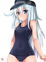 Rule 34 | 1girl, blue eyes, blue one-piece swimsuit, collarbone, covered navel, cowboy shot, flat cap, flat chest, hat, hibiki (kancolle), highres, kantai collection, long hair, old school swimsuit, one-piece swimsuit, school swimsuit, sebunsu, simple background, solo, striped, swimsuit, vertical stripes, white background, white hair