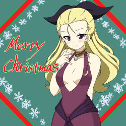 Rule 34 | 10s, 1girl, arm behind back, assam (girls und panzer), black ribbon, blonde hair, blue eyes, breasts, brooch, closed mouth, commentary request, dress, english text, formal, girls und panzer, green background, hair pulled back, hair ribbon, hand on own chest, ichinose jun, jewelry, long hair, looking at viewer, medium breasts, merry christmas, necklace, no bra, partial commentary, purple dress, ribbon, sash, school uniform, sleeveless, sleeveless dress, smile, snowflake print, solo, standing