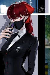 Rule 34 | 1girl, 2022, absurdres, akanui, arm behind back, black jacket, black mask, blazer, buttons, cellphone, commentary request, hair ribbon, highres, holding, holding phone, jacket, long hair, looking away, mask, mixed-language commentary, mouth mask, persona, persona 5, persona 5 the royal, phone, ponytail, red eyes, red hair, red ribbon, ribbed sweater, ribbon, school uniform, shuujin academy school uniform, signature, solo, sweater, turtleneck, turtleneck sweater, uniform, white sweater, yoshizawa kasumi