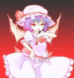 Rule 34 | 1girl, bat wings, blood, blue hair, female focus, gradient background, hat, ippongui, licking, red eyes, remilia scarlet, short hair, solo, standing, tongue, touhou, wings