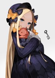 Rule 34 | 1girl, abigail williams (fate), alchemaniac, black dress, blonde hair, blue eyes, bow, dress, fate/grand order, fate (series), hands in opposite sleeves, highres, holding, holding stuffed toy, key, orange bow, parted bangs, polka dot, polka dot bow, solo, stuffed animal, stuffed toy, teddy bear