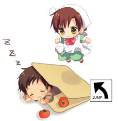 Rule 34 | 2boys, aged down, ahoge, apron, axis powers hetalia, blush, bow, bowtie, brown hair, chibi, child, clenched hands, closed eyes, english text, folder, food, frown, green eyes, head rest, jumping, lowres, male focus, military, military uniform, multiple boys, open mouth, simple background, sleeping, southern italy (hetalia), spain (hetalia), tomato, uniform, vegetable, wanono, white background, zzz