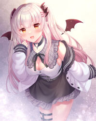 Rule 34 | 1girl, black skirt, blunt bangs, blush, breasts, brown eyes, cleavage, collar, commentary request, cowboy shot, demon girl, demon wings, fingernails, grey collar, hair ornament, heart, heart hair ornament, highres, horns, indie virtual youtuber, jacket, large breasts, leaning forward, long hair, looking at viewer, medium bangs, o-ring, o-ring thigh strap, open clothes, open jacket, open mouth, pink hair, plaid collar, plaid trim, pointy ears, red horns, red nails, red wings, shirt, shizuki aya, sidelocks, skirt, sleeveless, sleeveless shirt, smile, snowflake background, solo, suou patra, thigh strap, two side up, virtual youtuber, white jacket, white shirt, wings