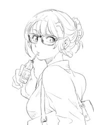 Rule 34 | 1girl, bag, commentary request, drinking, drinking straw, earrings, fingernails, from behind, glasses, greyscale, highres, jewelry, long sleeves, looking at viewer, looking back, monochrome, nikaidou kou, original, shoulder bag, simple background, sketch, solo, upper body, white background