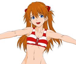 Rule 34 | 1girl, armpits, bare shoulders, bikini, blue eyes, breasts, brown hair, collarbone, dbqp, female focus, groin, hair ornament, long hair, looking at viewer, navel, neon genesis evangelion, open mouth, outstretched arms, ribs, shiny skin, simple background, small breasts, smile, solo, souryuu asuka langley, spread arms, striped bikini, striped clothes, swimsuit, teeth, thighs, twintails, upper body, upper teeth only, white background, zipper, zipper pull tab