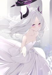 Rule 34 | 1girl, absurdres, ahoge, alternate costume, bare shoulders, blue archive, blush, breasts, bridal veil, collarbone, demon horns, dress, floating hair, foreshortening, gloves, grey hair, halo, highres, hina (blue archive), horns, long hair, looking at viewer, multiple horns, parted lips, purple eyes, revision, skirt hold, small breasts, smile, solo, strapless, strapless dress, veil, very long hair, wedding dress, white dress, white gloves, yuuki02