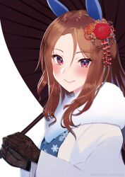 Rule 34 | 1girl, absurdres, black gloves, blue kimono, brown hair, closed mouth, ear covers, flower, fur scarf, gloves, hair flower, hair ornament, haori, hatsumoude, highres, holding, holding umbrella, horse girl, jacket, japanese clothes, kimono, king halo (umamusume), long hair, long sleeves, looking at viewer, melow menow, new year, oil-paper umbrella, red eyes, red flower, smile, snowflake print, solo, twitter username, umamusume, umbrella, upper body, white jacket, wide sleeves