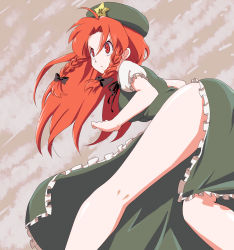 Rule 34 | 1girl, bad id, bad pixiv id, bare legs, braid, china dress, chinese clothes, dress, female focus, frown, glaring, hat, hong meiling, ica, immaterial and missing power, inaka, kneepits, legs, long hair, no panties, red eyes, red hair, ribbon, side slit, solo, staring, touhou, twin braids
