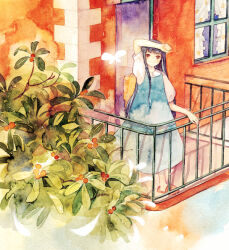 Rule 34 | 1girl, arm up, balcony, black hair, blue dress, blunt bangs, brown eyes, bug, butterfly, chinese commentary, commentary request, dress, full body, hand on railing, insect, kaka123, long hair, original, painting (medium), pinafore dress, plant, puffy sleeves, railing, sandals, shirt, short sleeves, sleeveless, sleeveless dress, slippers, solo, standing, traditional media, watercolor (medium), white butterfly, white shirt, window
