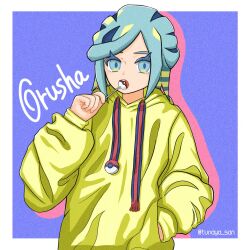 Rule 34 | 1boy, alternate costume, aqua eyes, aqua hair, border, candy, character name, commentary request, creatures (company), eyelashes, film grain, food, game freak, grusha (pokemon), hand in pocket, hand up, highres, holding, hood, hoodie, lollipop, long sleeves, male focus, nintendo, pokemon, pokemon sv, purple background, solo, tassel, tunaya san, twitter username, white border, yellow hoodie