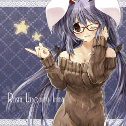 Rule 34 | 1girl, alternate costume, animal ears, bad id, bad pixiv id, bare shoulders, bespectacled, blush, breasts, brown eyes, rabbit ears, casual, cleavage, contemporary, female focus, glasses, light purple hair, long hair, one eye closed, purple hair, reisen udongein inaba, ribbon, scarlet (studioscr), solo, star (symbol), sweater, touhou, very long hair, wink
