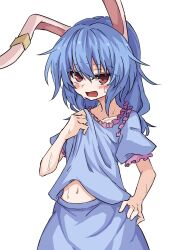Rule 34 | 1girl, animal ears, blue dress, blue hair, collarbone, dress, earclip, frilled dress, frills, hair between eyes, hand on own hip, highres, light blush, looking at viewer, mifutatsu, navel, open mouth, ponytail, rabbit ears, rabbit girl, red eyes, seiran (touhou), simple background, solo, sweat, touhou, twintails, very sweaty, white background
