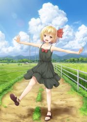 Rule 34 | 1girl, alternate costume, armpits, bare arms, bare shoulders, black dress, blonde hair, blue sky, cloud, collarbone, day, dress, fence, full body, hair ribbon, landscape, mountain, no socks, open mouth, oukatihiro, outstretched arms, path, power lines, red eyes, ribbon, rice paddy, road, rumia, sandals, sky, smile, solo, sundress, touhou