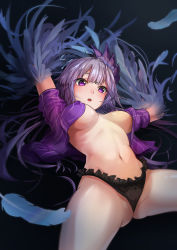 Rule 34 | 1girl, :o, absurdres, arms up, black background, black panties, blouse, blue feathers, breasts, breasts apart, commentary request, covered erect nipples, feathers, frilled panties, frills, hair ornament, highleg, highleg panties, highres, long hair, looking down, medium breasts, navel, onmyoji, open clothes, open shirt, panties, purple eyes, purple hair, purple shirt, shiny skin, shirt, short sleeves, solo, spread legs, striped clothes, striped shirt, underwear, winged arms, wings, zpig020406