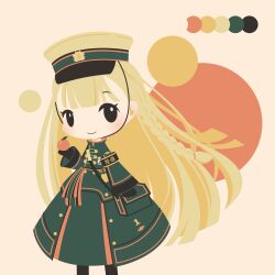 Rule 34 | 1girl, armband, bag, black armband, black gloves, black leggings, blonde hair, braid, buttons, chibi, chin strap, coat, coat dress, cobalta, color guide, double-breasted, flat color, food, food request, fruit, gloves, green coat, hat, holding, holding food, holding fruit, inkscape (medium), iyo (rail romanesque), leggings, light blush, long coat, looking at viewer, peaked cap, rail romanesque, satchel, side braid, simple background, single eyebrow, smile, solo, tareme, translation request