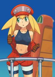 Rule 34 | 1girl, :o, bare shoulders, bike shorts, black shorts, blonde hair, blurry, blush, breasts, brown gloves, cabbie hat, cowboy shot, depth of field, gloves, green eyes, hat, hot, jumpsuit, long hair, looking to the side, mega man (series), mega man legends (series), midriff, muu (mumumer), navel, off shoulder, open clothes, open mouth, railing, red hat, red jumpsuit, red shorts, roll caskett (mega man), romper, shorts, small breasts, solo, sports bra, standing, sweat, undressing, unitard, unzipped, zipper