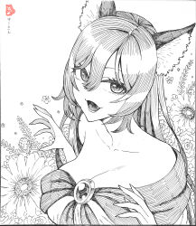 Rule 34 | 1girl, absurdres, animal ears, breasts, cleavage, collarbone, commentary request, fingernails, flower, greyscale, hair between eyes, highres, imaizumi kagerou, ke-su, large breasts, long fingernails, long hair, long sleeves, monochrome, solo, touhou, upper body, wolf ears, wolf girl
