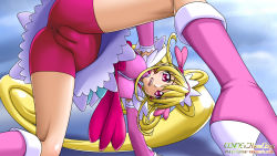 Rule 34 | 1girl, :o, aida mana, anus, arm warmers, ass, bike shorts, bike shorts under skirt, blonde hair, blue background, boots, breasts, cameltoe, cleft of venus, cure heart, dokidoki! precure, half updo, highres, knee boots, large breasts, long hair, looking at viewer, magical girl, onoe, pink eyes, pink footwear, ponytail, precure, shorts, shorts under skirt, skirt, solo, upskirt, watermark, web address