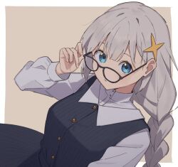 Rule 34 | 1girl, adjusting eyewear, alternate costume, black dress, blue eyes, border, braid, brown background, buttons, closed mouth, collared dress, collared shirt, commentary, dress, glasses, grey hair, hair behind ear, hand up, high collar, kizuna akari, long hair, long sleeves, looking at viewer, looking over eyewear, minatsuki (m1natsuk1), outside border, puffy long sleeves, puffy sleeves, shirt, shirt under dress, sleeveless, sleeveless dress, solo, sparkle hair ornament, upper body, vocaloid, voiceroid, white border, white shirt
