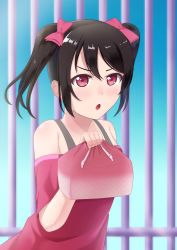 Rule 34 | 1girl, :o, absurdres, artist name, artist request, bare shoulders, black hair, blue sky, blush, bow, breasts, cloud, collarbone, day, female focus, flat chest, hair between eyes, hair bow, highres, holding, long hair, looking at viewer, love live!, love live! school idol festival, love live! school idol project, lunchbox, outdoors, parted lips, red eyes, red shirt, shirt, short hair, short sleeves, short twintails, sky, small breasts, smile, solo, tied shirt, twintails, undershirt, upper body, v-shaped eyebrows, yazawa nico