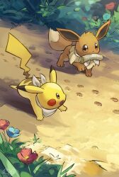 Rule 34 | bandana, blue flower, commentary, creatures (company), eevee, flower, footprints, game freak, gen 1 pokemon, grass, hakkentai pokedan, highres, looking at another, nintendo, no humans, outdoors, paper in mouth, path, pikachu, pokemon, pokemon (creature), red flower, road, signature
