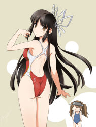 Rule 34 | 10s, 2girls, ass, back, black hair, breast envy, breasts, brown eyes, competition swimsuit, flat chest, highres, hiyou (kancolle), kantai collection, long hair, looking back, multiple girls, onaya masakazu, one-piece swimsuit, open mouth, personification, ribbon, ryuujou (kancolle), sweatdrop, swimsuit, visor cap