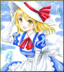 Rule 34 | 1girl, alternate hair length, alternate hairstyle, apron, back bow, bird, blonde hair, blue dress, bow, breasts, commentary request, dove, dress, elbow gloves, eyelashes, feathers, frilled apron, frilled dress, frills, gloves, hajike akira, hand on headwear, happy, hat, hat bow, highres, kana anaberal, leaning forward, long hair, medium breasts, open mouth, outdoors, photo (medium), puffy short sleeves, puffy sleeves, red bow, ribbon, short sleeves, sun hat, touhou, touhou (pc-98), traditional media, white feathers, white gloves, white headwear, yellow eyes