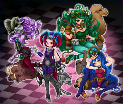 Rule 34 | 4girls, :d, :o, alchemic magician, archfiend empress, archfiend heiress, bad id, bad pixiv id, blue eyes, blue hair, boar, camel, colored skin, demon girl, duel monster, green hair, high heels, horns, hyena, leotard, long hair, multiple girls, open mouth, pantyhose, playboy bunny, purple skin, red eyes, red hair, shoes, single shoe, skull, slacker magician, sloth (animal), smile, tail, ten2009, tensama (ten2009), tour guide from the underworld, very long hair, wrist cuffs, aged down, yu-gi-oh!