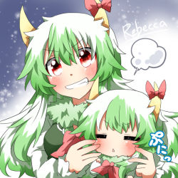 Rule 34 | 2girls, :&lt;, artist name, bad id, bad pixiv id, blush, dress, ex-keine, female focus, green dress, green hair, grin, horn ornament, horn ribbon, horns, juliet sleeves, kamishirasawa keine, long sleeves, mother and daughter, multiple girls, neckerchief, puffy sleeves, rebecca (keinelove), red eyes, ribbon, smile, touhou