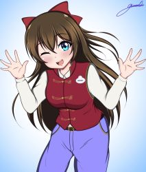 Rule 34 | 1girl, ;o, aqua eyes, artist name, artist request, belt, black belt, blue eyes, blue pants, blush, bow, breasts, brown hair, collared shirt, female focus, hair between eyes, highres, long hair, long sleeves, looking at viewer, love live!, love live! nijigasaki high school idol club, medium breasts, musical note, musical note print, one eye closed, osaka shizuku, outdoors, pants, parted lips, ponytail, red bow, red sweater vest, red vest, shirt, smile, solo, sweater vest, vest, white shirt