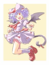 Rule 34 | 1girl, aokukou, bat wings, black wings, blue hair, bow, bow skirt, breasts, cat girl, cat tail, commentary request, fangs, frilled shirt, frilled shirt collar, frilled skirt, frills, full body, hat, hat bow, kemonomimi mode, medium hair, mob cap, open mouth, pink hat, pink shirt, pink skirt, red bow, red eyes, red footwear, remilia scarlet, shirt, sketch, skirt, small breasts, smile, solo, tail, touhou, wings, wrist cuffs