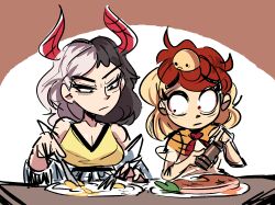 Rule 34 | 2girls, absurdres, animal, animal on head, bare shoulders, bird, bird on head, black hair, blonde hair, breasts, chick, cleavage, closed mouth, commentary, english commentary, food, fork, fried egg, highres, horns, knife, medium breasts, multicolored hair, multiple girls, neckerchief, niwatari kutaka, on head, peargor, red hair, red horns, red neckerchief, split-color hair, steak, touhou, upper body, ushizaki urumi, white hair