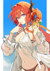 Rule 34 | 1girl, arknights, bikini, blue background, border, bow, breasts, brown bikini, brown horns, cleavage, cloud, cup, detached sleeves, dress, dress bow, expressionless, food, food on face, frilled dress, frilled sleeves, frills, groin, hair ornament, hair rings, hands up, highres, holding, holding cup, holding food, horns, ice cream, licking, licking finger, long hair, long sleeves, looking at viewer, medium breasts, navel, open clothes, open dress, outside border, pink eyes, red hair, shiduki eku, sidelocks, sleeveless, sleeveless dress, slit pupils, solo, standing, star (symbol), star hair ornament, sundae, surtr (arknights), surtr (colorful wonderland) (arknights), swimsuit, tongue, tongue out, white border, white bow, white dress, white sleeves