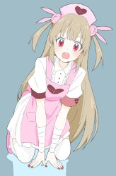 Rule 34 | 1girl, absurdres, apron, bad id, bad twitter id, bandages, blush, buttons, collared shirt, donguri suzume, hair ornament, hat, heart, highres, kneeling, light brown hair, long hair, looking at viewer, nail polish, natori sana, nurse cap, open mouth, pink apron, pink hat, pocket, puffy short sleeves, puffy sleeves, rabbit hair ornament, red eyes, red nails, sana channel, shadow, shirt, short sleeves, simple background, skirt, solo, teeth, thighhighs, two side up, virtual youtuber, white skirt, white thighhighs, zettai ryouiki