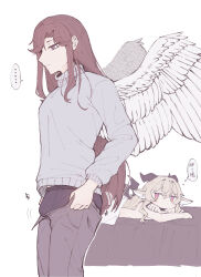 Rule 34 | ..., 2girls, angel and devil, angel wings, animal ears, bed, black male underwear, black wings, blanket, blonde hair, blush, breasts, brown hair, bulge, chibi, chinese commentary, chinese text, closed mouth, clothes pull, commentary request, demon girl, demon horns, demon wings, dressing, feathered wings, futanari, goat ears, grey pants, grey sweater, hair between eyes, hair down, half-closed eyes, highres, horns, i&#039;ve never seen a guy recreate this successfully tbh (meme), jitome, long hair, long sleeves, looking at another, looking down, lying, male underwear, medium breasts, meme, motion lines, multiple girls, no mouth, nude, on bed, on stomach, pants, pants pull, pink eyes, purple eyes, rickonrk, saijou claudine, shoujo kageki revue starlight, sidelocks, simple background, speech bubble, spoken ellipsis, standing, sweater, tendou maya, thought bubble, translation request, turtleneck, turtleneck sweater, under covers, underwear, very long hair, white background, white wings, wings