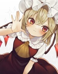 Rule 34 | 1girl, blonde hair, blush, closed mouth, collared shirt, crystal, flandre scarlet, frilled shirt collar, frilled sleeves, frills, gradient background, hair between eyes, hat, highres, long hair, mob cap, one eye closed, red eyes, red skirt, red vest, shirt, short sleeves, skirt, solo, touhou, upper body, vest, white hat, white shirt, wings, yuineko