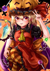 Rule 34 | 1girl, absurdres, ascot, back bow, bat (animal), black hat, black nails, black shirt, blonde hair, blouse, bow, candy, checkered background, collared shirt, commentary request, crystal, eyebrows hidden by hair, feet out of frame, flandre scarlet, food, frilled shirt collar, frilled skirt, frilled sleeves, frills, hair between eyes, halloween, hat, highres, lollipop, looking at viewer, mahoro (minase mahoro), medium hair, mob cap, multicolored wings, nail polish, no shoes, open mouth, orange bow, orange eyes, orange pantyhose, pantyhose, puffy short sleeves, puffy sleeves, pumpkin hat, red skirt, red vest, shirt, short sleeves, skirt, solo, striped clothes, striped pantyhose, teeth, touhou, upper teeth only, v, vest, wand, wings, yellow ascot
