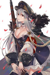 Rule 34 | 1girl, aiguillette, armband, belt, black footwear, black thighhighs, blush, bolt action, boots, breasts, buckle, choker, cleavage, clothing cutout, coat, collarbone, collared shirt, cross, cross choker, floating hair, fur-trimmed coat, fur trim, girls&#039; frontline, gold trim, gun, hair between eyes, hat, highres, iron cross, jiji (pixiv10646874), kar98k (girls&#039; frontline), large breasts, long hair, looking at viewer, mauser 98, medallion, military, military hat, military uniform, parted lips, peaked cap, petals, red eyes, rifle, shirt, shoulder cutout, silver hair, simple background, skirt, solo, thigh boots, thighhighs, uniform, very long hair, weapon, white background, white shirt, white skirt, wind