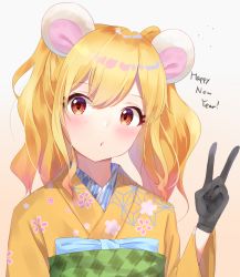 Rule 34 | 1girl, aikatsu! (series), aikatsu stars!, animal ears, black gloves, blonde hair, blue bow, blush, bow, brown background, chinese zodiac, floral print, gloves, gradient background, grey background, hair between eyes, hand up, happy new year, highres, japanese clothes, k mugura, kemonomimi mode, kimono, long hair, looking at viewer, mouse ears, new year, nijino yume, obi, parted lips, print kimono, red eyes, sash, solo, twintails, v, wide sleeves, year of the rat, yellow kimono