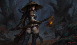 Rule 34 | 1girl, armor, artist name, ass, bare tree, black hair, black leotard, black thighhighs, braid, breasts, brown eyes, commentary, dark, dated, english commentary, facepaint, fingerless gloves, fog, forest, frant, from behind, gloves, grin, hat, highres, holding, holding weapon, japanese armor, jewelry, katana, kote, kunai, leaf, leotard, lips, long hair, looking back, medium breasts, monster, nature, original, outdoors, rice hat, sheath, sheathed, shoulder armor, signature, single braid, smile, solo focus, standing, sword, thigh strap, thighhighs, tree, very long hair, weapon, wide shot