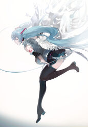 Rule 34 | 1girl, absurdres, aqua hair, belt, black skirt, black thighhighs, boots, closed eyes, detached sleeves, frilled shirt, frills, grey shirt, hair ornament, hatsune miku, highres, koio, long hair, parted lips, pleated skirt, shirt, simple background, skirt, sleeveless, sleeveless shirt, solo, thigh boots, thighhighs, twintails, vocaloid, white background