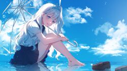 1girl :d ass bare_legs barefoot blue_eyes blue_sailor_collar blue_skirt blue_sky brown_footwear clip_studio_paint_(medium) cloud cloudy_sky commission copyright_request full_body grey_hair hair_intakes headpiece highres holding holding_umbrella hugging_own_legs loafers long_hair looking_at_viewer open_mouth pleated_skirt reflection sailor_collar school_uniform serafuku shirt shoes short_sleeves sika sitting sitting_on_liquid skirt sky smile solo transparent transparent_umbrella umbrella very_long_hair water white_shirt