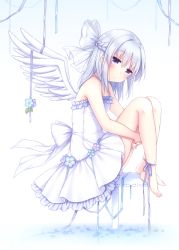 Rule 34 | 1girl, ankle ribbon, barefoot, blue hair, blush, bow, braid, breasts, chunithm, commentary request, dress, flower, frilled dress, frills, from side, hair bow, hugging own legs, kobotoke nagi, leg ribbon, long hair, own hands together, parted lips, petals, purple eyes, purple ribbon, ribbon, sanotsuki, sitting, small breasts, solo, white background, white bow, white dress, white theme, white wings, wings