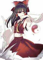 Rule 34 | 1girl, absurdres, arm up, armpits, ascot, bandages, bandaid, bare shoulders, black hair, blood, blood on face, blood on hands, bow, breasts, closed mouth, collared shirt, commentary request, detached sleeves, frills, hair between eyes, hair ornament, hair tubes, hakurei reimu, hand up, highres, ikasoba, long hair, long sleeves, looking to the side, medium breasts, navel, orb, red bow, red eyes, red shirt, red skirt, shirt, simple background, skirt, solo, standing, touhou, white background, white skirt, wide sleeves, yellow ascot, yin yang, yin yang orb