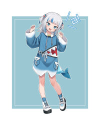 Rule 34 | 1girl, :d, a (phrase), animal costume, animal hood, blue background, blue eyes, blue hair, blue hoodie, blue nails, blue socks, blunt bangs, commentary request, dot nose, drawstring, fingernails, fins, fish tail, full body, gawr gura, gawr gura (1st costume), grey hair, hair ornament, hands up, hololive, hololive english, hood, hoodie, light blush, long sleeves, looking at viewer, luckyeldayo, medium hair, multicolored hair, nail polish, open mouth, shark costume, shark girl, shark hair ornament, shark tail, sharp teeth, smile, socks, solo, standing, streaked hair, tail, teeth, two-tone background, two side up, virtual youtuber, white background, white footwear, wide sleeves