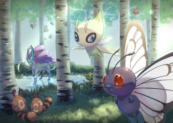 Rule 34 | absurdres, blue eyes, butterfree, celebi, closed mouth, commentary request, creatures (company), day, fangs, forest, game freak, gen 1 pokemon, gen 2 pokemon, grass, highres, hoothoot, legendary pokemon, mythical pokemon, nature, nintendo, no humans, outdoors, pokemon, pokemon (creature), red eyes, ripples, sentret, smile, suicune, tree, twitter username, water, watermark, yanagimachi