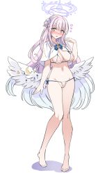 Rule 34 | 1girl, absurdres, angel wings, arm up, bikini, blue archive, blue hair, blush, capelet, cleft of venus, covered erect nipples, cross, halo, harigane shinshi, highres, long hair, micro bikini, mika (blue archive), moon (ornament), navel, nipples, pink hair, ribbon, see-through, side-tie bikini bottom, simple background, solo, star (symbol), swimsuit, transparent bikini, white background, wings, yellow eyes