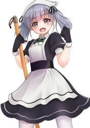 Rule 34 | 1girl, absurdres, apron, black dress, black gloves, brown eyes, dress, feet out of frame, gloves, grey hair, highres, kantai collection, maid day, makura (y makura), medium hair, mop, ooshio (kancolle), pantyhose, puffy short sleeves, puffy sleeves, short sleeves, simple background, smile, solo, twintails, white apron, white background, white pantyhose