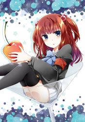 Rule 34 | 1girl, :o, armband, black thighhighs, blazer, blue eyes, blush, bow, cherry, cocktail glass, cup, drinking glass, food, fruit, hair bobbles, hair ornament, jacket, kiriko, long hair, looking at viewer, open mouth, pleated skirt, red hair, safety pin, sitting, skirt, solo, thighhighs, twintails, two side up, umineko no naku koro ni, ushiromiya ange, zettai ryouiki