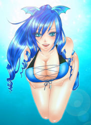 Rule 34 | 00s, 1girl, bad id, bad pixiv id, bat wings, beach, bikini, blue bikini, blue eyes, blue hair, breasts, cleavage, crossed arms, drill hair, female focus, front-tie top, full body, gradient background, head wings, lace up front, large breasts, long hair, matching hair/eyes, mole, mole under eye, oki (4-heart), ponytail, solo, swimsuit, thigh gap, thighs, umi monogatari, underwater, warin, water, wings